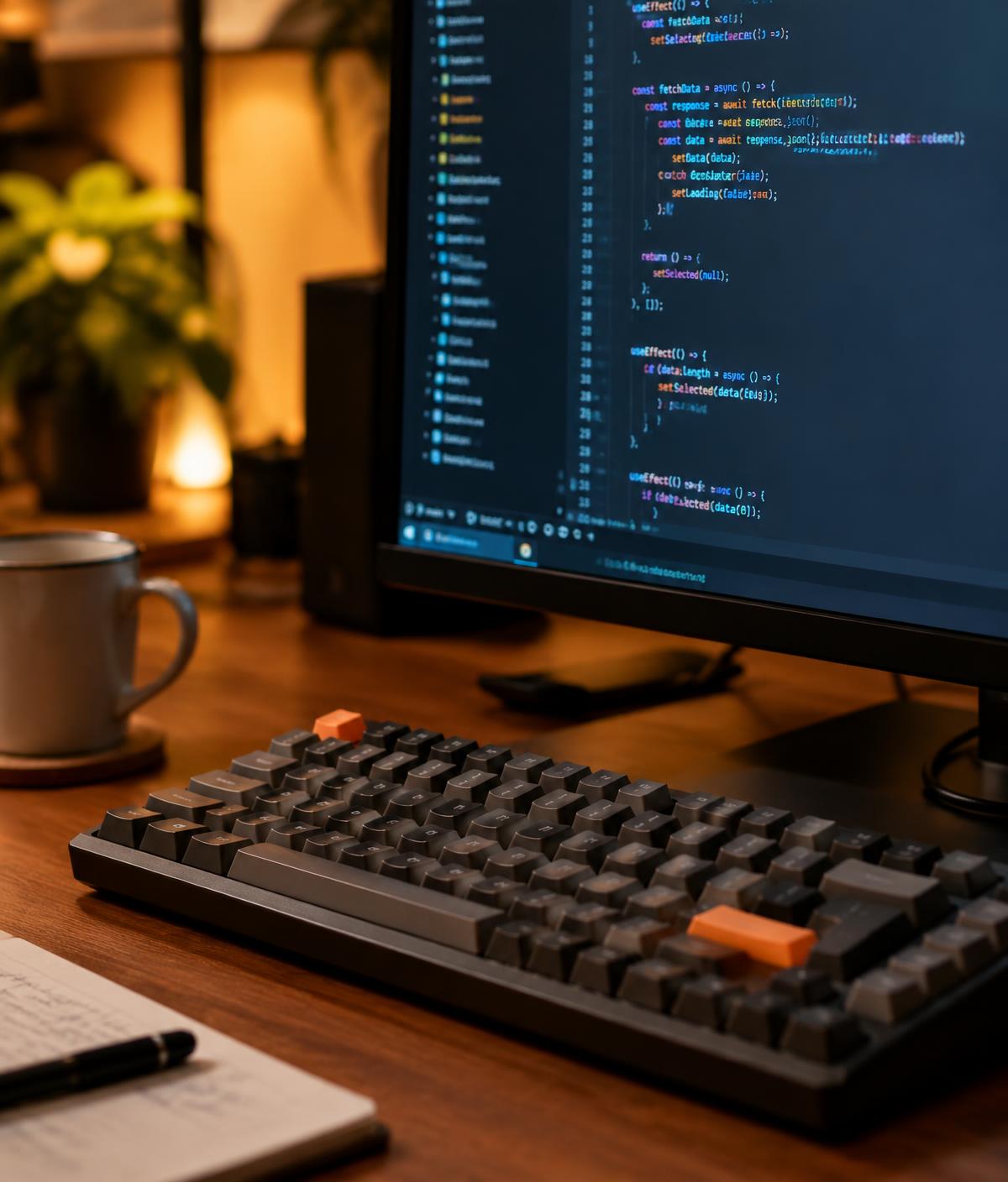Code editor on a monitor above a mechanical keyboard on a wooden desk