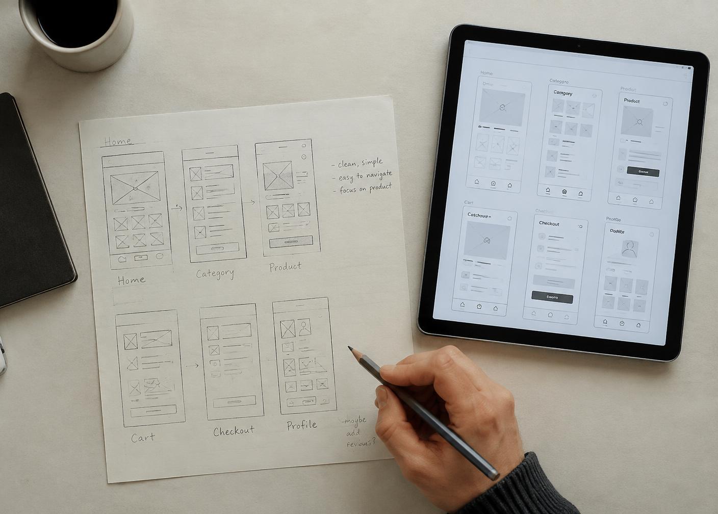 Hand sketching app wireframes beside a tablet with interface screens