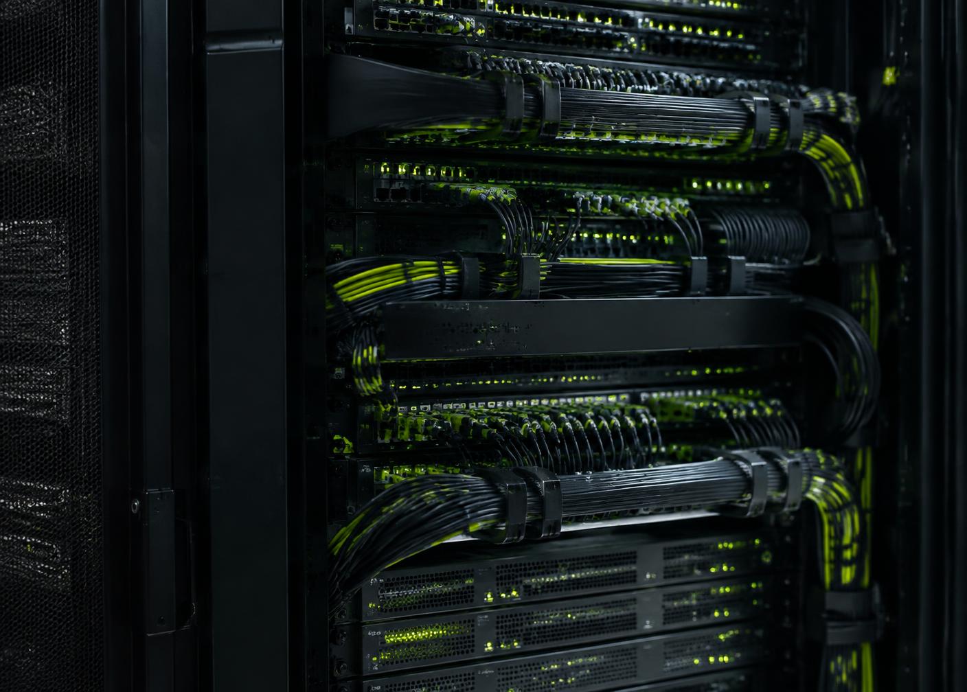 Data center server rack with organised cabling and status lights